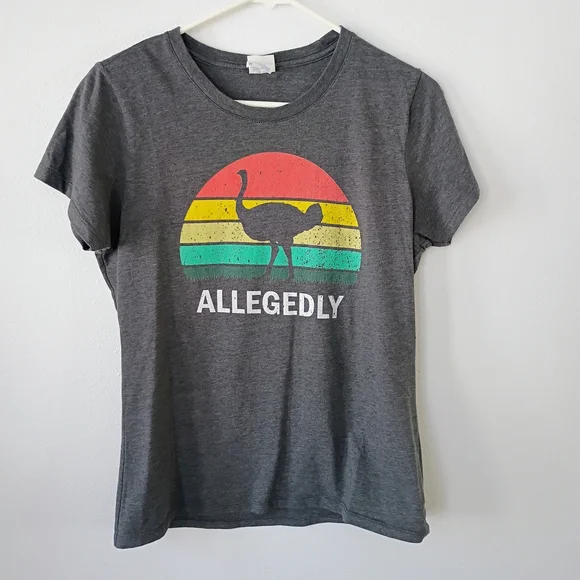 Port & Company “Allegedly” Graphic Tee Women’s Medium Gray Funny Ostrich Shirt - Picture 1 of 6